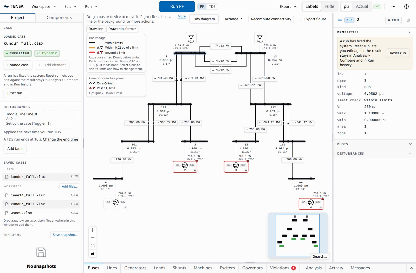 TENSA showing an interactive single-line diagram with a solved power flow