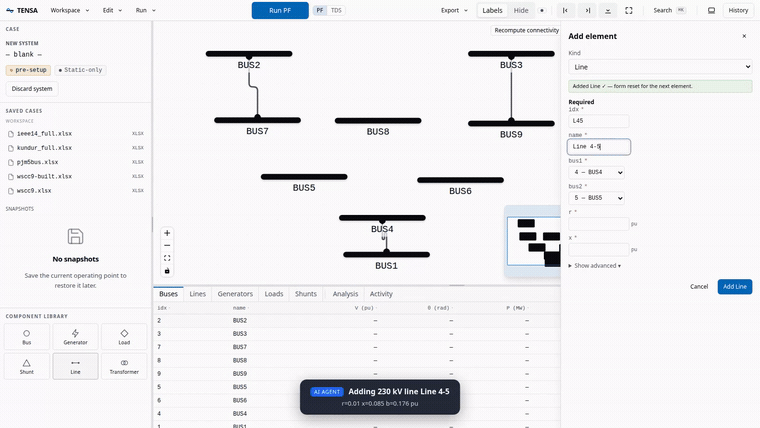 An AI agent builds the WSCC 9-bus system in TENSA and runs power flow, time-domain, and eigenvalue analyses